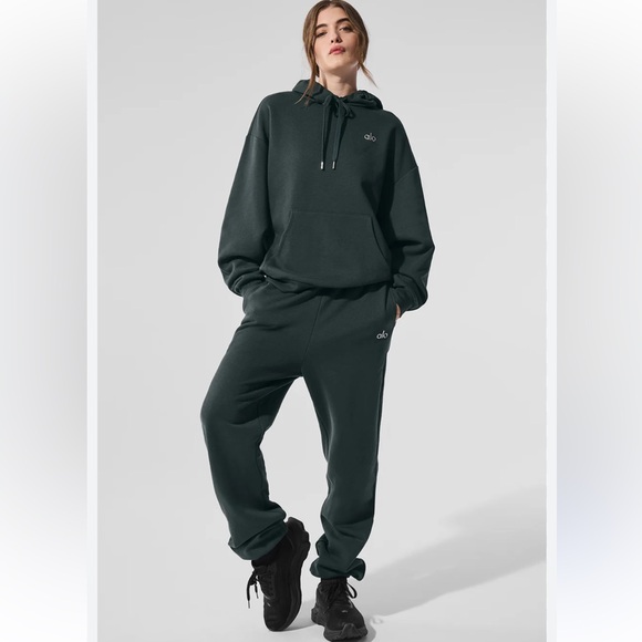ALO Yoga Pants - Alo 2 Piece Set Accolade Hoodie Sweatshirt & Sweatpant Charcoal Green Size S